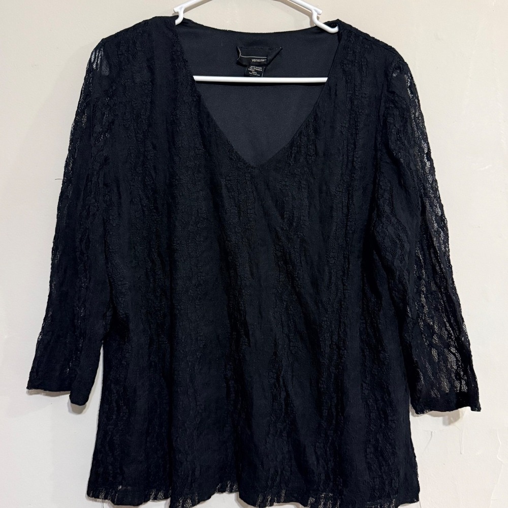 VENETIA Black Lace‎ V Neck 3/4 Sleeve Top Plus 18/20 Whimsigoth Grunge Feminine